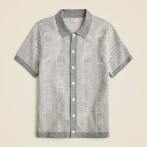 J. Crew Short-sleeve cotton sweater-polo in windowpane jacquard, grey, Men's L